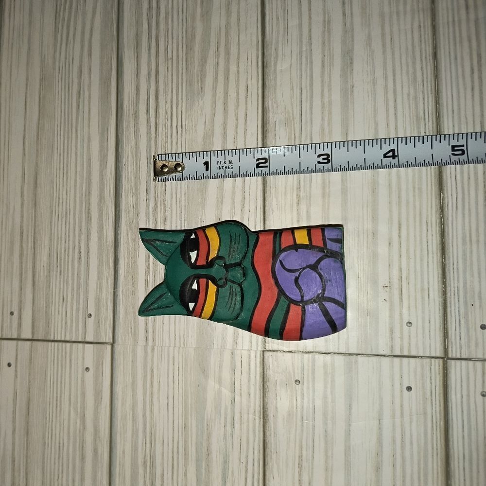 Folk Art Carved Wood Hand Painted Cat Figure Multicolor Decor 3'in Tall - Picture 7 of 8